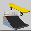 Yellow Skateboard Sports Equipment With Black Ramp And Metal Rail Structure