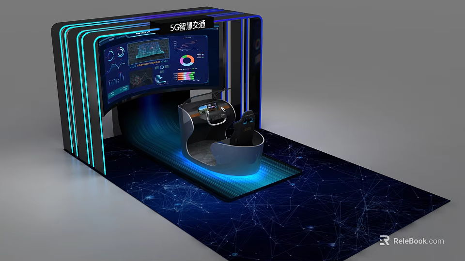 5G Intelligent Transportation Interactive Showcase With Data Screens Cockpit And Blue Lighting 3d model 