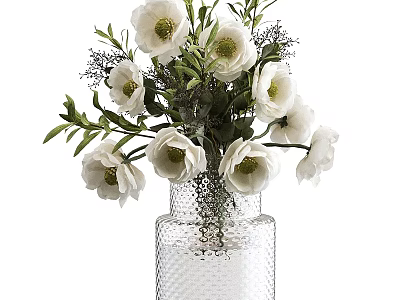 White Flowers Arrangement In Textured Glass Vase With Green Leaves And Purple Accents 3d model