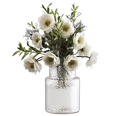White Flowers Arrangement In Textured Glass Vase With Green Leaves And Purple Accents 3d model