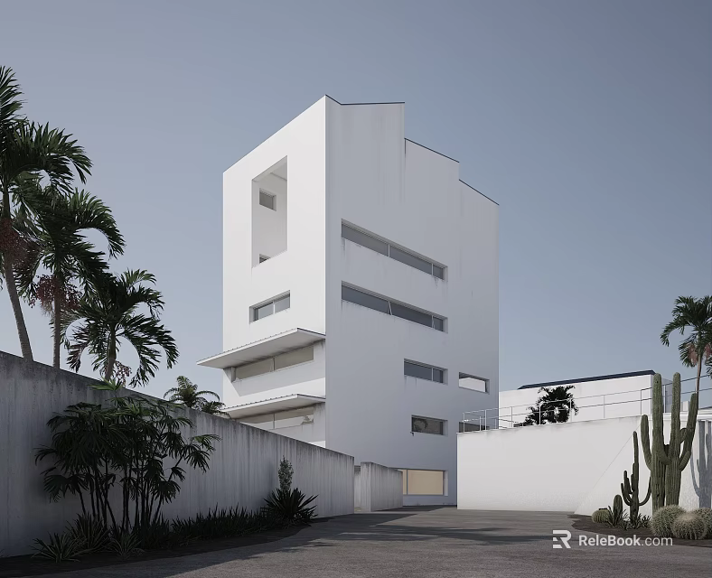 Sleek Modern White Residential Building with Large Windows Palm Trees Cacti and Driveway Surroundings 3d model 