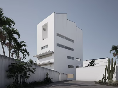 Sleek Modern White Residential Building with Large Windows Palm Trees Cacti and Driveway Surroundings 3d model