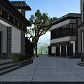 Traditional Chinese Commercial Street With White Walls Gray Tiles Green Trees Stone Pavement And Benches
