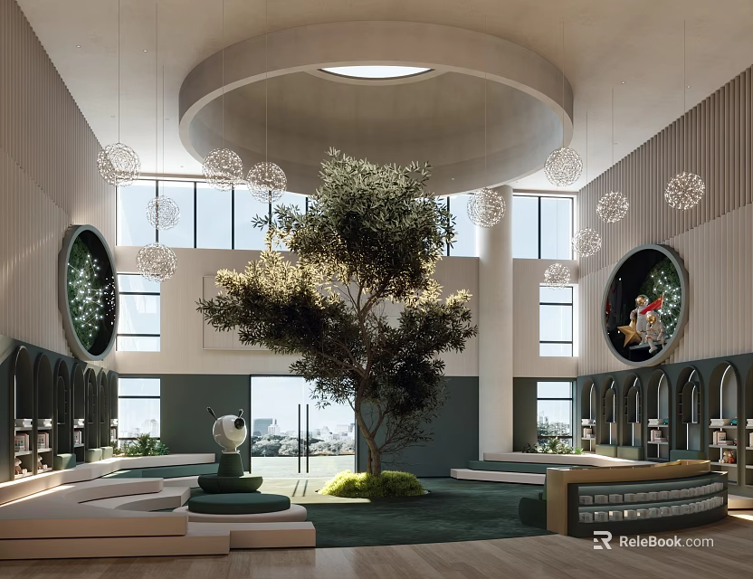 Modern Kindergarten Interior With Large Tree Cozy Seating And Artworks 3d model
