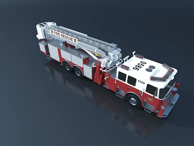 Red And White Fire Truck With Extended Ladder And Rescue Equipment 3d model