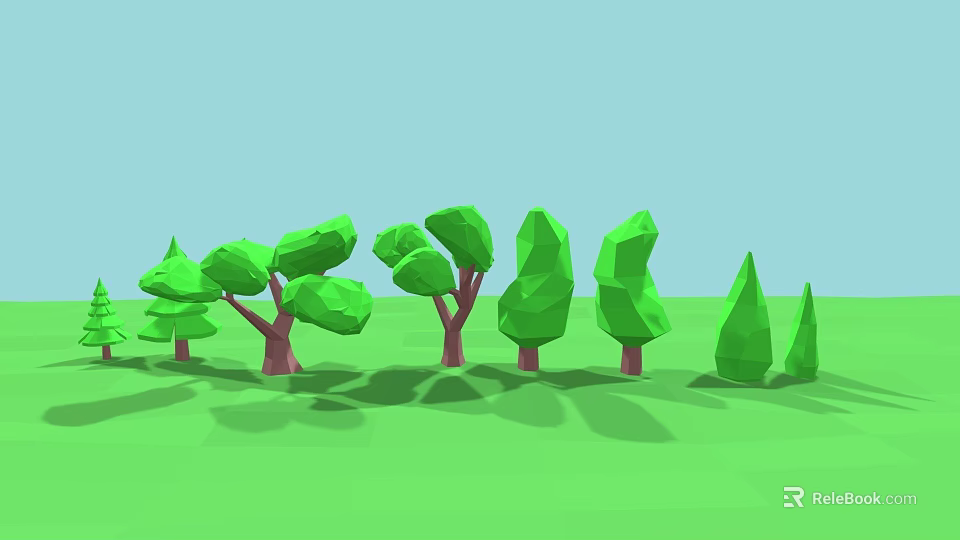Cartoon Scene With Low Poly Green Trees Pink Trunks And Green Grass 3d model 