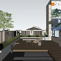 Courtyard Garden Design With Wooden Deck Outdoor Seating Green Plants And Sunshade Umbrella