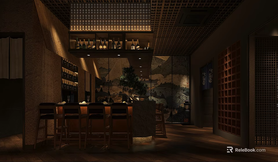 Modern Open Restaurant Interior With Bar Counter Wine Racks And Warm Lighting 3d model 
