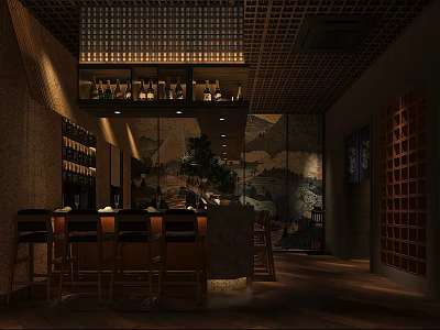 Modern Open Restaurant Interior With Bar Counter Wine Racks And Warm Lighting 3d model