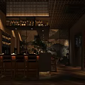 Modern Open Restaurant Interior With Bar Counter Wine Racks And Warm Lighting