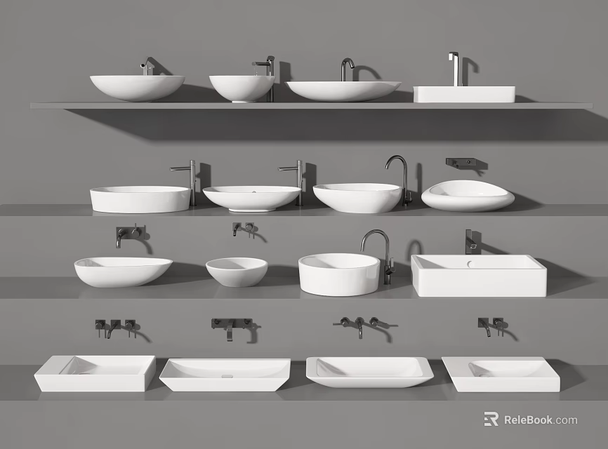 Stylish Various Design Washbasins With Faucets In Different Shapes On Multiple Shelves 3d model 