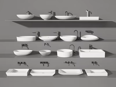 Stylish Various Design Washbasins With Faucets In Different Shapes On Multiple Shelves 3d model