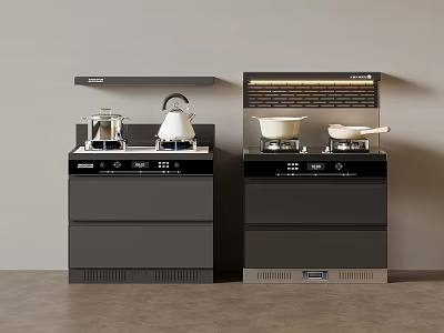 Modern Kitchen Integrated Stoves With Black Cooktop Hood And Utensils 3d model