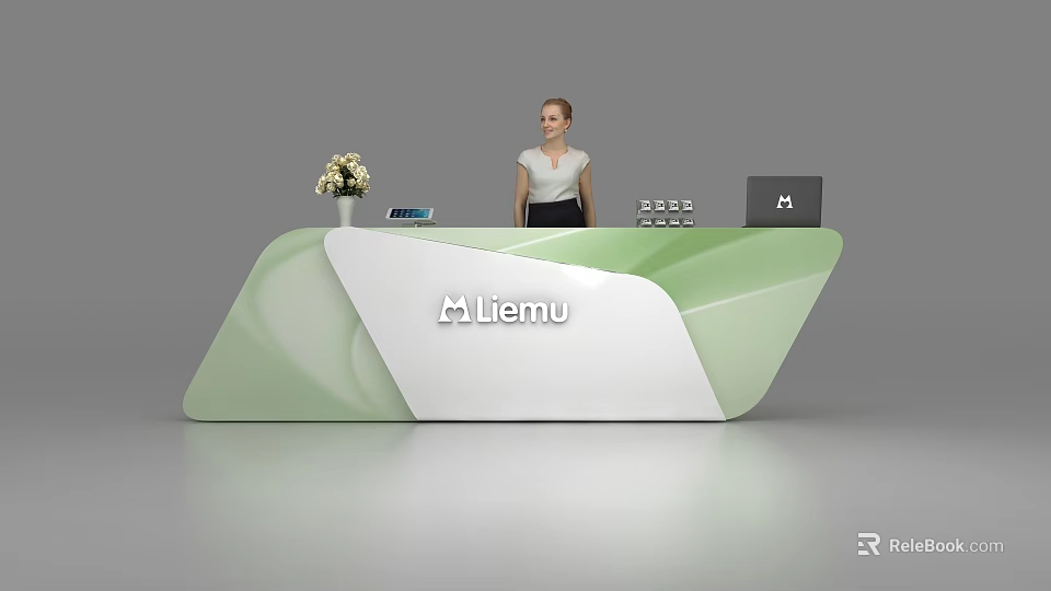 Modern Green White Reception Desk With Liemu Logo Vase Flowers Tablet And Receptionist 3d model 