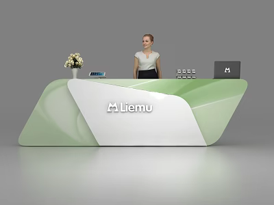 Modern Green White Reception Desk With Liemu Logo Vase Flowers Tablet And Receptionist 3d model