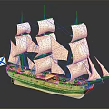Detailed Sailboat Model With White Sails Multiple Masts And Black Yellow Hull