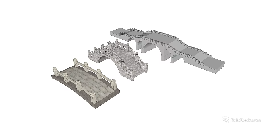 Stone Bridge Models With Arch Design Flat Structure And Decorative Railings 3d model