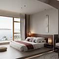 Modern Hotel Room Interior With King Bed Large Window Lake View And Work Desk