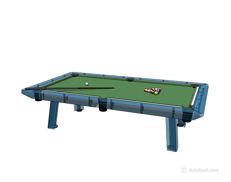 Professional Billiard Table With Green Felt Surface Blue Frame Legs Billiard Balls And Cue Stick 3d model 