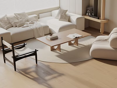 Modern White Sofa With Pillows And Blanket And Wooden Coffee Table On Wooden Floor 3d model