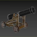 Antique Weapon Cannon With Black Barrel Wooden Carriage And Wheels