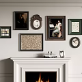 Wall Decor with Various Picture Frames Above White Fireplace with Flames 3d model