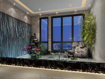 Modern Villa Balcony With Night View Large Windows Water Feature Wall And Green Plants 3d model