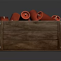 Commercial Equipment With Red Cylindrical Items Stored In Wooden Crate