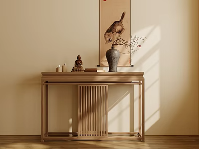Traditional Chinese Console Table With Vase Decorative Items And Scroll Painting In Natural Light 3d model