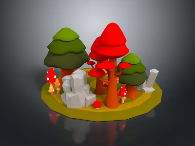 Cartoon Forest Scene featuring green trees red mushroom trees white stones and red spotted mushrooms 3d model