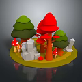 Cartoon Forest Scene featuring green trees red mushroom trees white stones and red spotted mushrooms