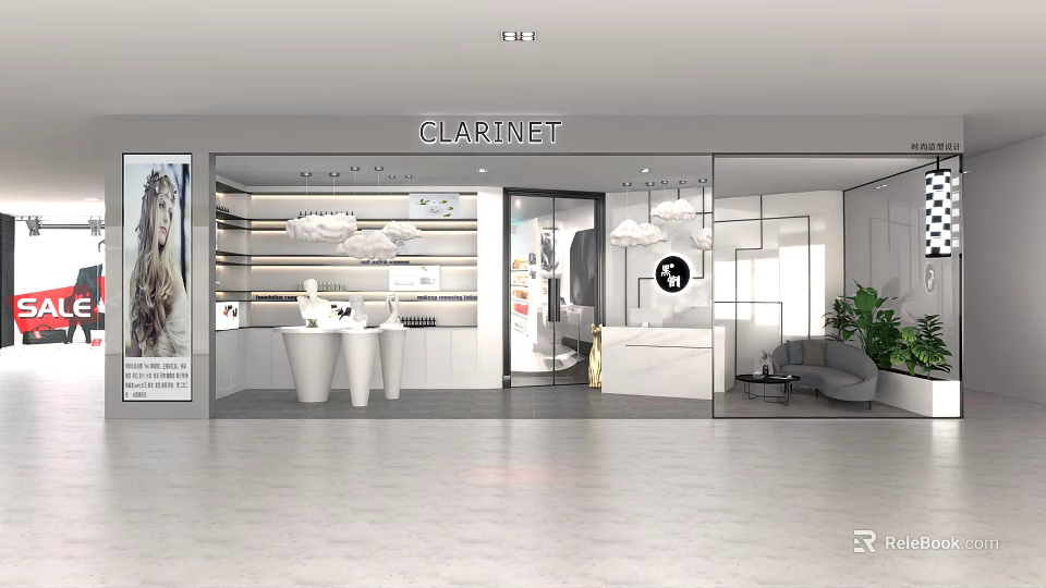 CLARINET Specialty Store Featuring Glass Facade Display Shelves White Counter And Green Plants 3d model 