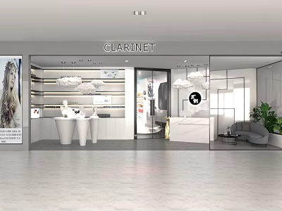 CLARINET Specialty Store Featuring Glass Facade Display Shelves White Counter And Green Plants 3d model