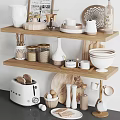 Organized Modern Kitchenware Display On Wooden Shelves With Jars Bowls Mugs And Cutting Boards