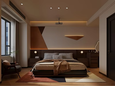 Modern Bedroom Interior With Cozy Bed Nightstands Table Lamps Area Rug And Geometric Wall Decor 3d model