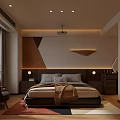 Modern Bedroom Interior With Cozy Bed Nightstands Table Lamps Area Rug And Geometric Wall Decor