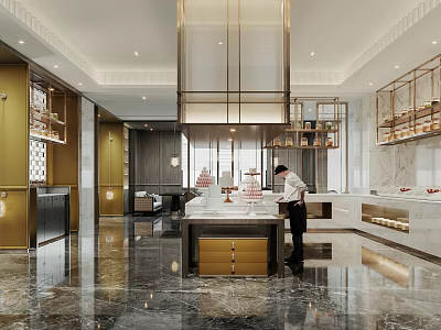 Modern Luxury Restaurant Interior With Gold Accents And Marble Flooring 3d model