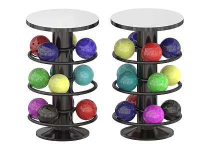 Colorful Bowling Balls Stored On Two Black Rotating Sports Equipment Racks 3d model