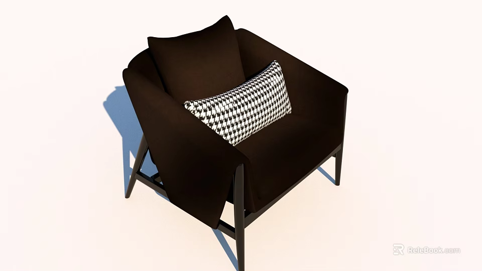 Modern Single Sofa with Dark Brown Upholstery Black and White Checkered Cushion and Metal Legs 3d model 