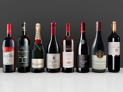 Various Wine Bottles And Glasses Arranged On White Background 3d model