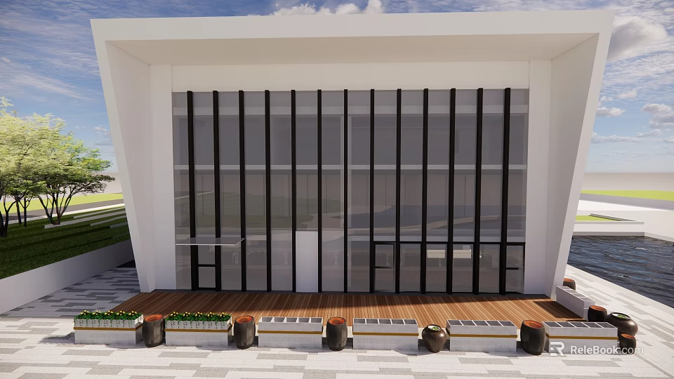 Modern School Building Featuring Glass Facade Wooden Deck And Black Pots With Green Plants 3d model 