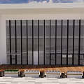 Modern School Building Featuring Glass Facade Wooden Deck And Black Pots With Green Plants