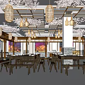 Traditional Chinese Hotpot Restaurant Interior With Wooden Tables Lanterns And Cherry Blossom Decor