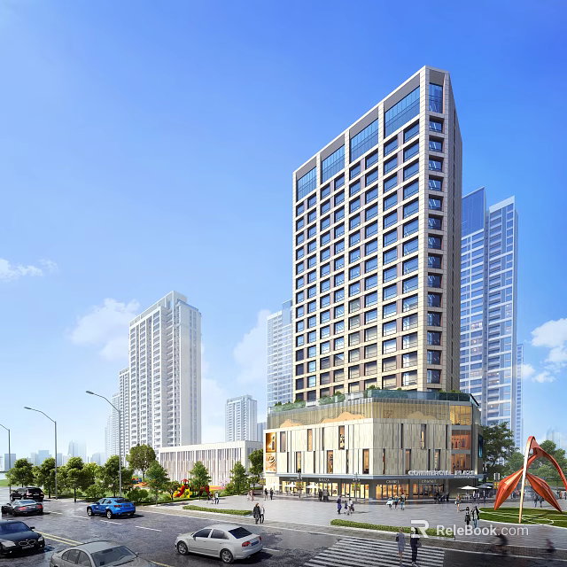 Modern High Rise Building With Glass Facade In Urban Skyline And Greenery 3d model 