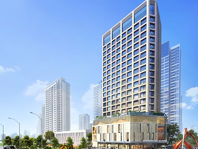 Modern High Rise Building With Glass Facade In Urban Skyline And Greenery 3d model