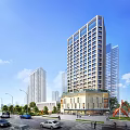 Modern High Rise Building With Glass Facade In Urban Skyline And Greenery