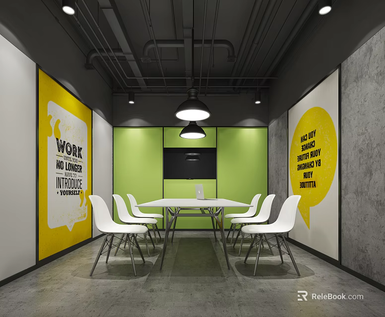 Stylish Conference Room Interior With White Chairs Green Walls Yellow Quote Posters And Black Screen 3d model 