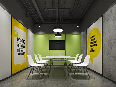Stylish Conference Room Interior With White Chairs Green Walls Yellow Quote Posters And Black Screen 3d model