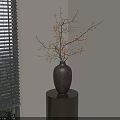 Ceramic Vase With Orange Flower Branches On Small Black Table Against Light Wall Near Window With Blinds And Green Plants Outside