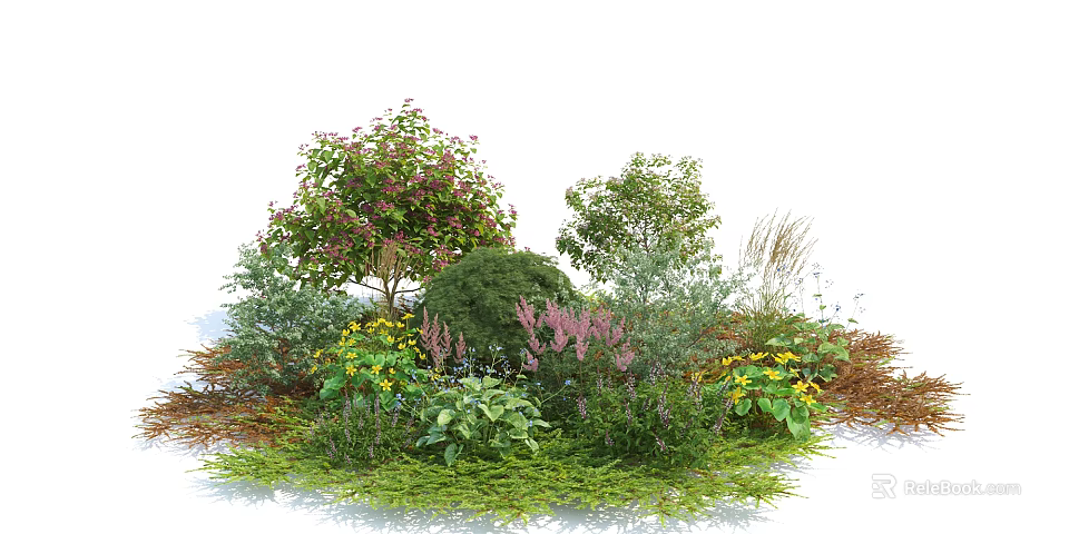 Diverse Garden Shrubs With Purple Yellow Flowers And Lush Green Foliage 3d model 